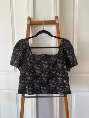 Madewell Black Floral Square-Neck Puff Sleeve Crop Top